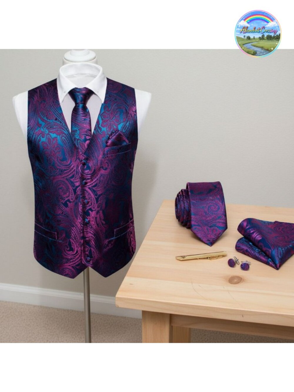 Mens Floral Silk Waistcoat Vest Tie Pocket Square Cufflinks Set Formal